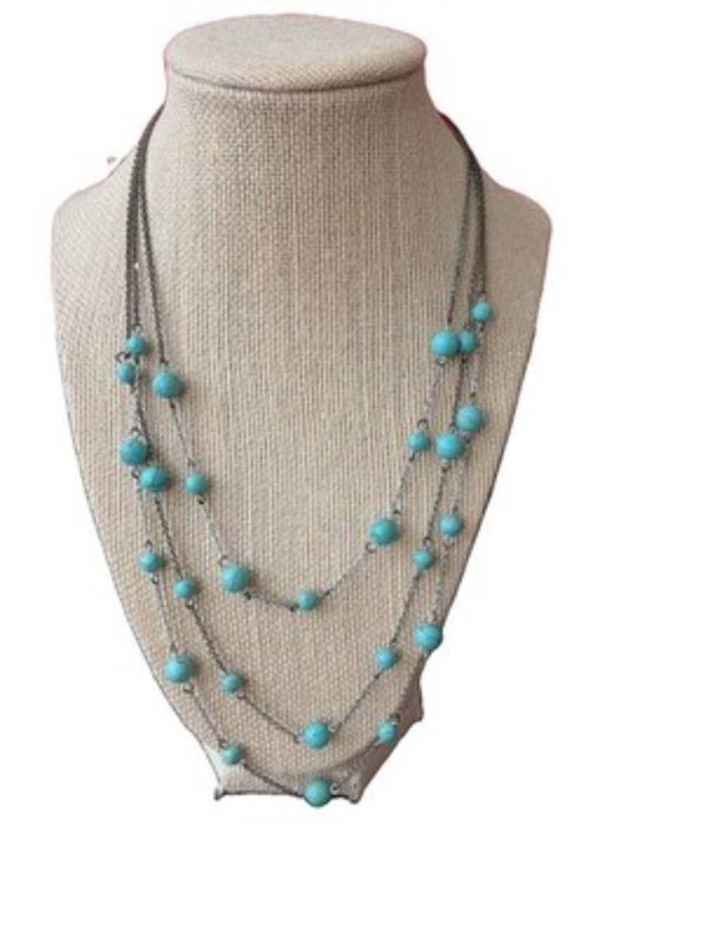 Chaps Silver Multi Strand Necklace Turquoise Colored Beads Layered Chain
